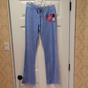 NEW! Y2K Juicy Couture Sterling Blue Velour Pants with Pink Heart